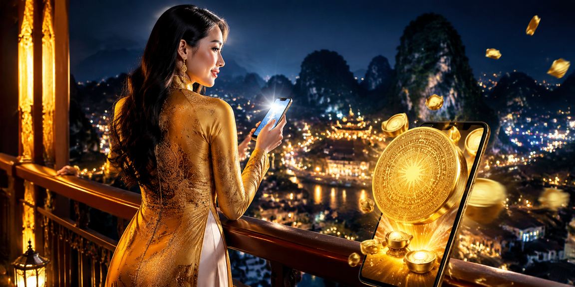 Người phụ nữ mặc áo dài Ninh Bình sử dụng điện thoại trải nghiệm casino di động