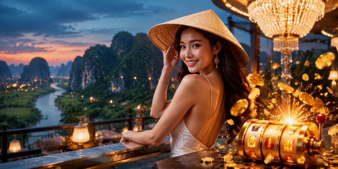Người chơi Ninh Bình với nón lá truyền thống thư giãn bên trò chơi slot